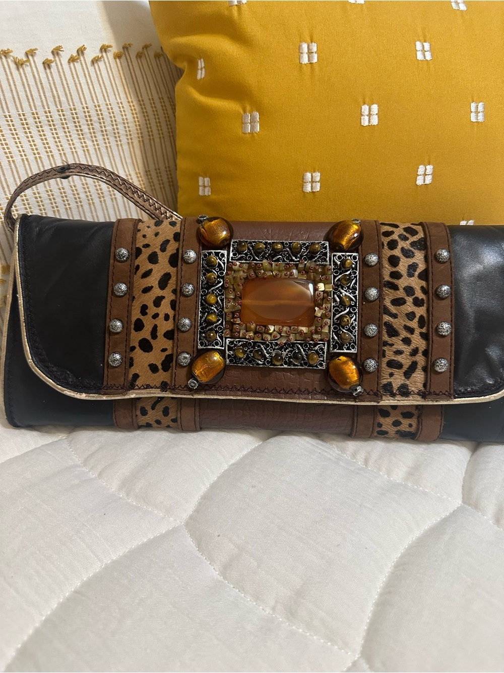 Mary Francis Embellished Clutch Leather Handbag